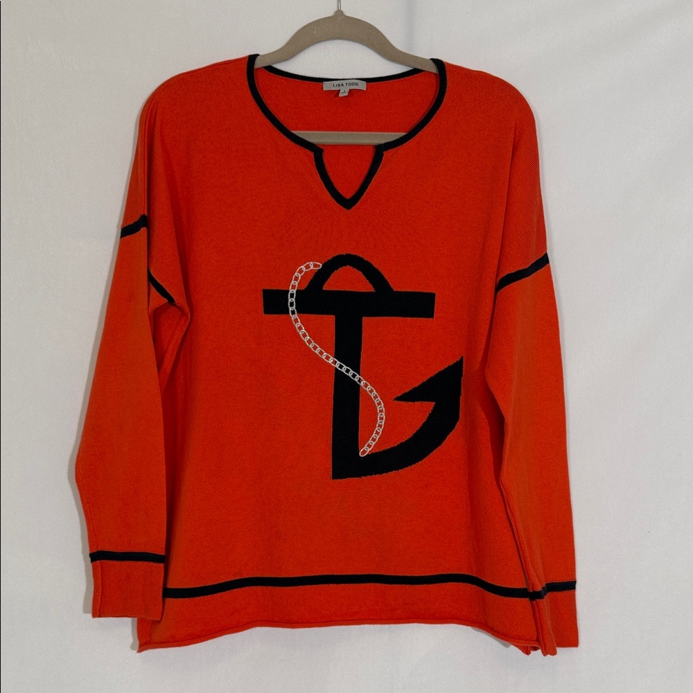 Lisa Todd Sweater Size L Orange Navy Anchor Emblem Embroidered Accent EUC